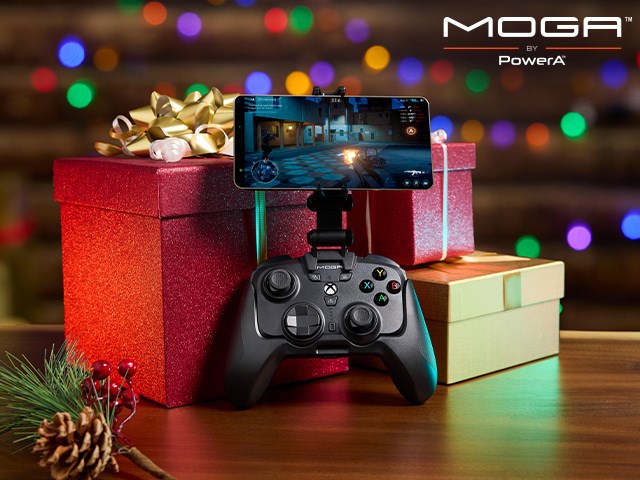 MOGA XP-Ultra surrounded by cozy gifts with glowing lights in the background