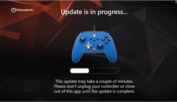 Gamer HQ App screen showing a controller and progress bar reading Update is in progress